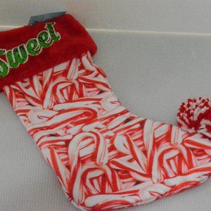 Its Sugar Faux Fur Trim Embroidered SWEET Candy Cane Red Christmas Stocking 17"